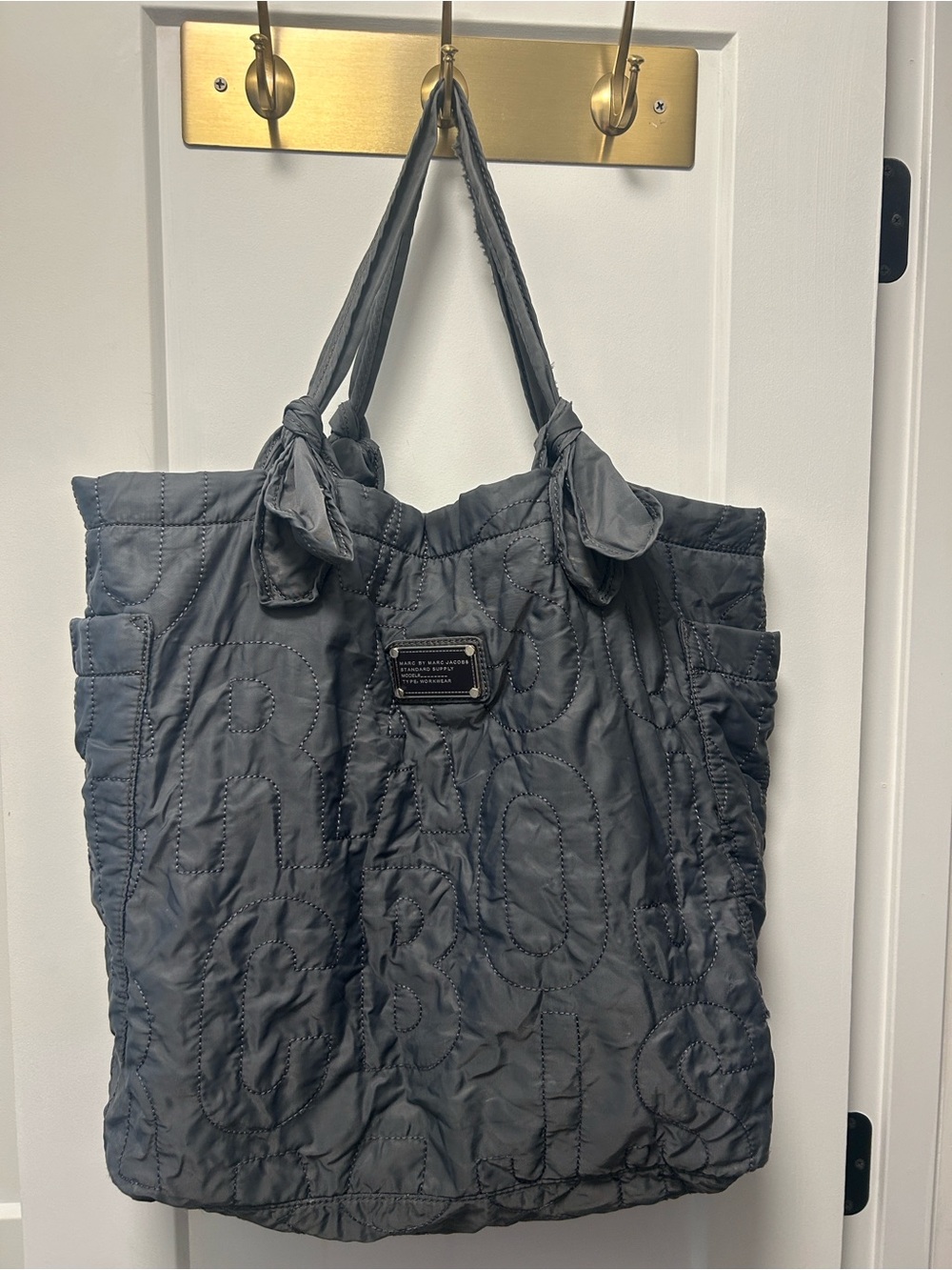 Marc By Marc Jacobs Quilted Steel Gray Tote with Metal Logo Plaque